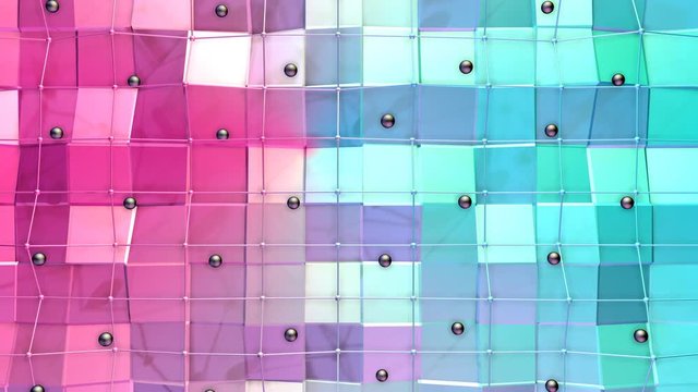 Low poly 3D surface with flying grid or mesh and black spheres as technology background. Soft geometric low poly background of pure blue pink red polygons. 4K Fullhd seamless loop background