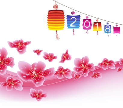 Chinese new year 2018, background with lantern and plum blossom