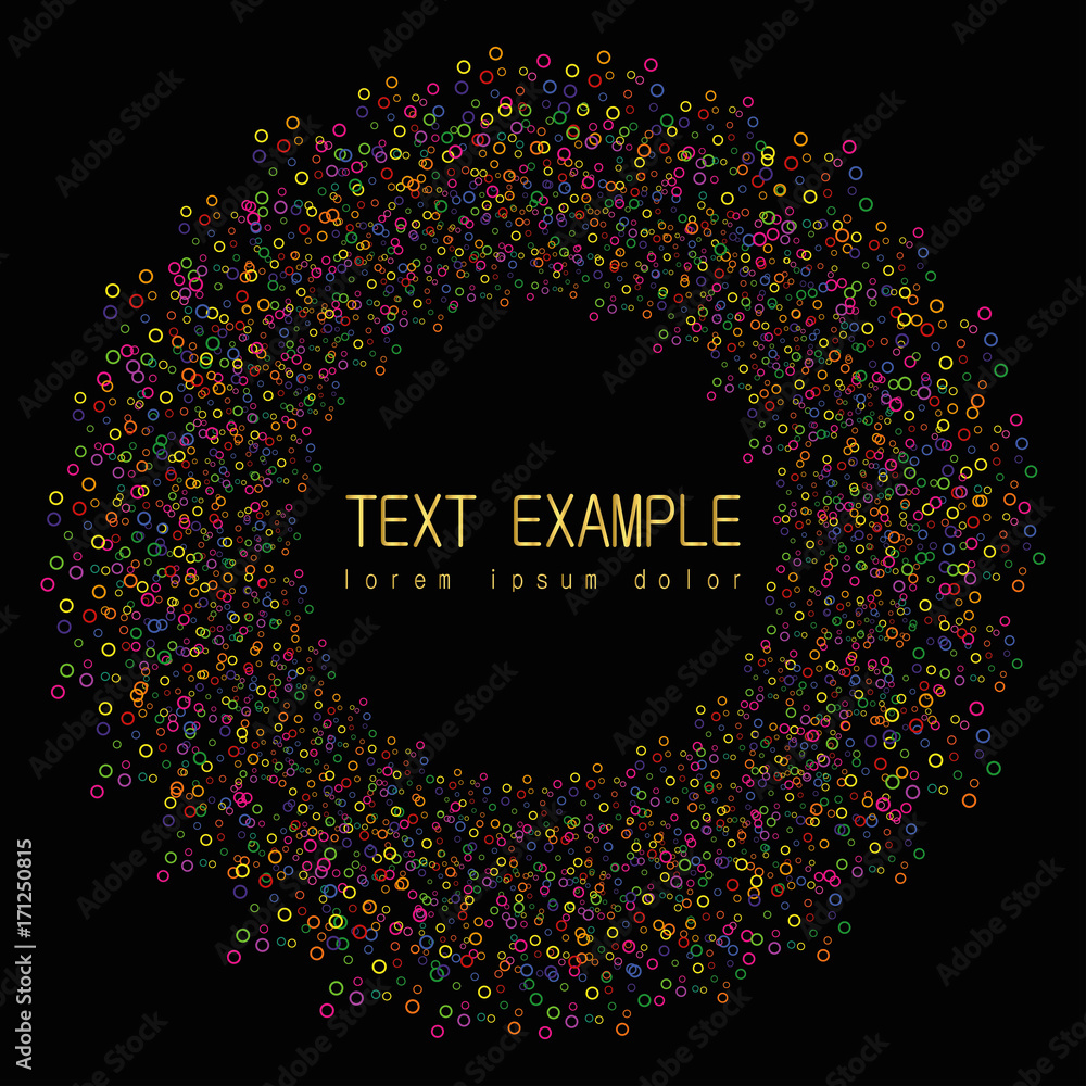 Poster Frame of colorful confetti. Circles of different colors on a black background. Template for greeting cards, invitations with space for text. Vector illustration.