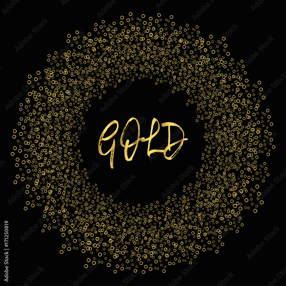 Poster frame of gold confetti. golden circles on a black background. template for greeting cards, invitatio