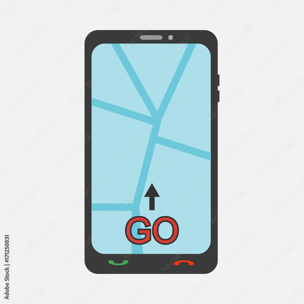 Poster Mobile phone with map and arrow on a light background. Vector illustration.