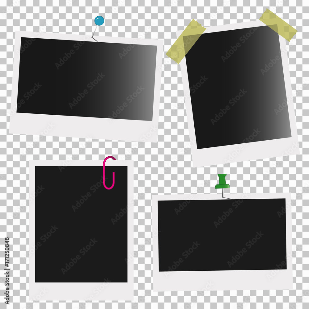 Poster empty photo frames with pins. vector illustration.