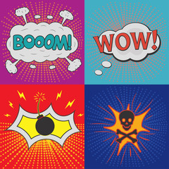 Comic effects. Set of effects for design comic strip. Comic background. BOOM! WOW! Skull. Bomb. Vector illustration.
