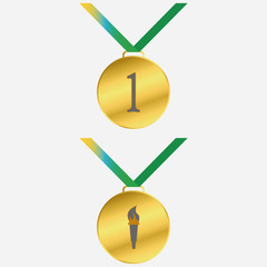 Medal golden with a torch. Medal winner. Vector illustration.