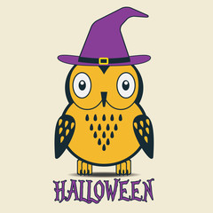 Halloween owl in hat. Halloween card. Vector illustration.