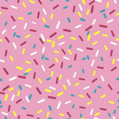 Seamless pattern donut with pink glaze. Background with decorative colored sprinkles. Vector illustration.
