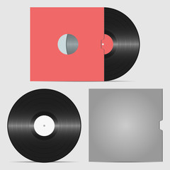 Set of vinyl record and envelope for plate. Retro sound carrier. Plate for DJ Scratch. Vector illustration.
