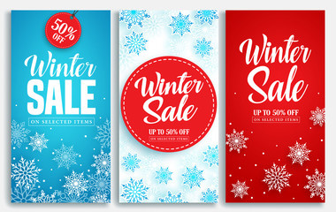 Winter sale vector poster or banner set with discount text and snow elements in blue and red snowflakes background for shopping promotion. Vector illustration.

