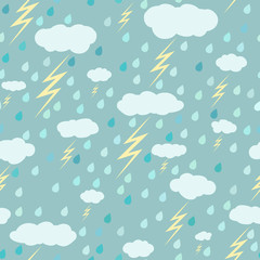 Rainy seamless pattern with raindrops, clouds and lightnings