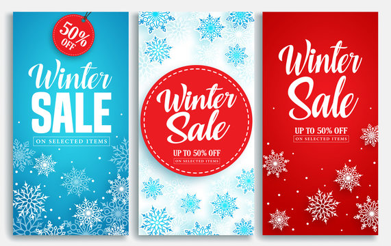 Winter sale vector poster or banner set with discount text and snow elements in blue and red snowflakes background for shopping promotion. Vector illustration.
