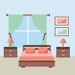 bedroom interior with furniture bedside table lamp frame window vector illustration