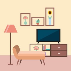 television room furniture sofa floor lamp cabinet book shelves flowers vector illustration