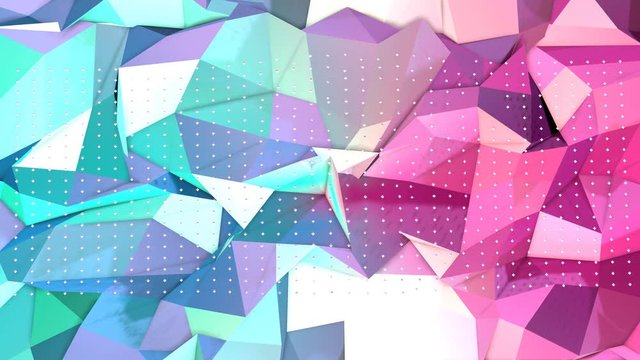 Abstract simple blue pink low poly 3D surface and flying white crystals as sci-fi landscape. Soft geometric low poly background with copy space. 4K Fullhd seamless loop background.