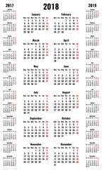 simple vertical vector calendars for 2018 and 2017 2019 years, monday first, red sunday