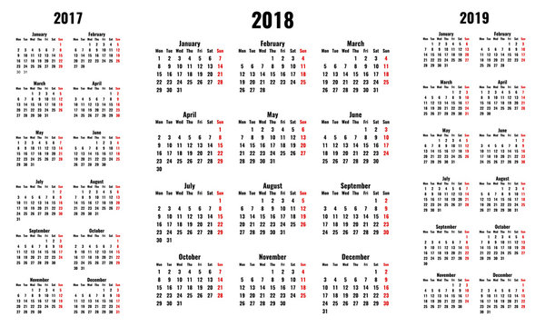 simple vector calendars for 2018 and 2017 2019 years, monday first, red sunday