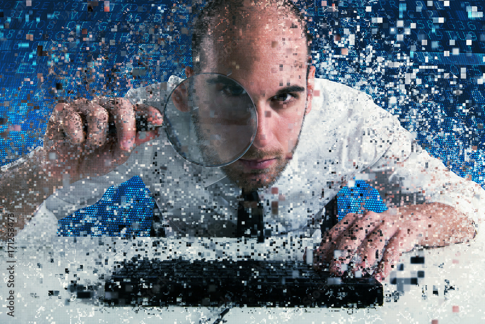 Poster businessman found a backdoor access on a computer. concept of internet security