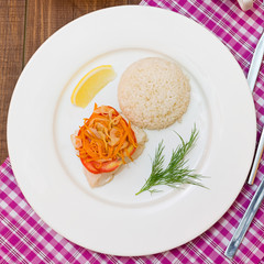 lunch: fish and rice, top view