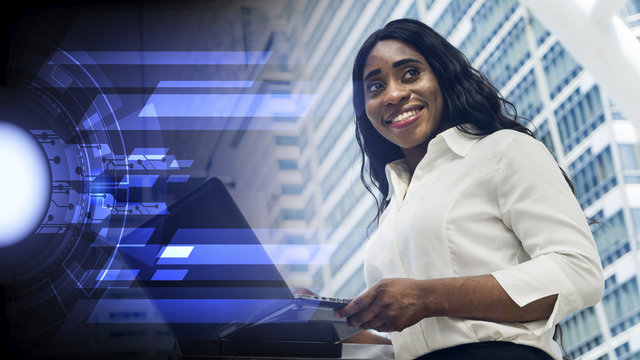 Portrait of happy business african woman uses computer laptop in the outdoor with the city space background with the signage of digital graphic overlay patter