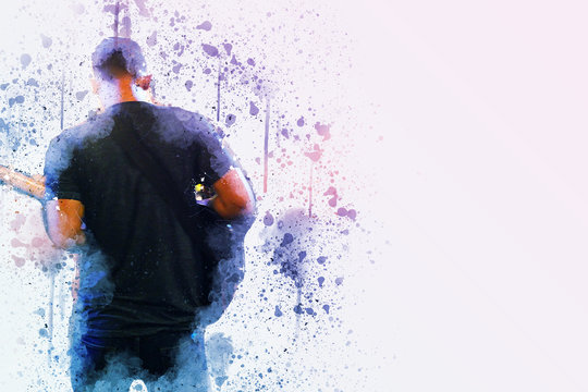 Abstract beautiful man playing Guitarist on music concert , Watercolor painting background and Digital illustration brush to art.