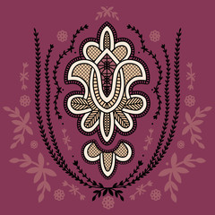 Ornate Retro Style Bollywood Deco Icon - Embroidery Artwork or TShirt Screenprint Vector Graphic - Raspberry Pink, Purple and Peach Colour Palette - 171254017