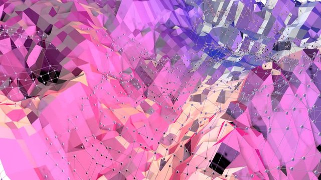 Soft geometric low poly motion background with pure blue red polygons. Abstract simple blue red low poly 3D surface as shining environment. 4K Fullhd seamless loop background with gradient blue red 2