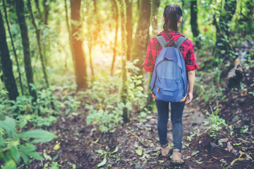 woman traveler with backpack hiking in young hiking holiday.adventure, travel, tourism.