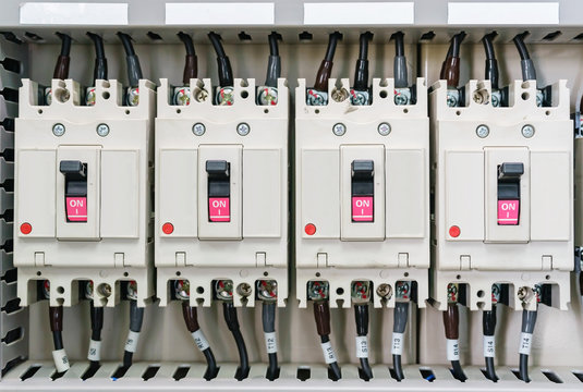Electical distribution fuseboard. Electrical supplies. Electrical panel at a assembly line factory. Electric controls and switches. Electricity distribution box. Fusebox.