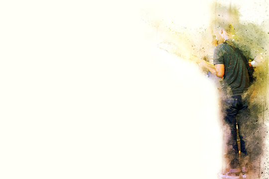 Abstract beautiful man playing Guitarist on music concert , Watercolor painting background and Digital illustration brush to art.