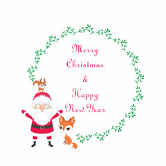 Christmas round floral frame with the image of a cute woodland animals and Santa. Vector background.