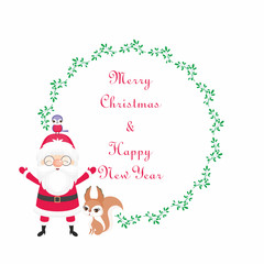 Christmas round floral frame with the image of a cute woodland animals and Santa. Vector background.