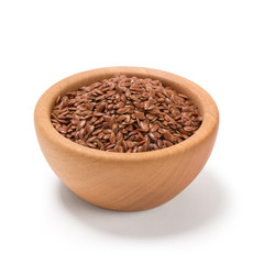 Flax seeds, Linseed, Lin seeds close-up brown flax seed or linseed in a wooden bowl, isolated on white.
