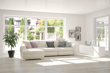 Idea of white room with sofa and summer landscape in window. Scandinavian interior design. 3D illustration