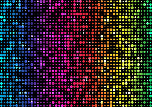 Spectrum rainbow, iridescent background of circles of different diameters on black background. Vector illustration with soft glow