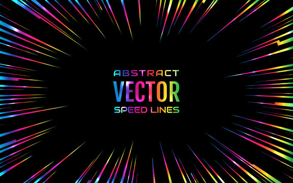 Festive Comic Radial Rainbow Speed Line, Iridescent Color On Black Background, Like Fireworks. Effect Power Explosion. Design Element. Vector Illustration