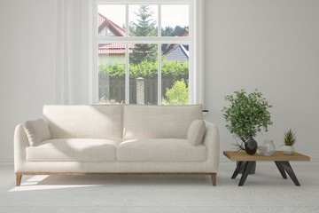 Idea of white room with sofa and summer landscape in window. Scandinavian interior design. 3D illustration