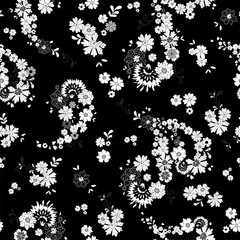 Pretty Boho Floral Paisley Seamless Repeat Wallpaper Tile - Black, Grey and White Monochromatic Palette with Dark Background - 171259653