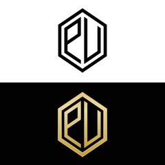 initial letters logo pu black and gold monogram hexagon shape vector