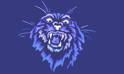 Illustrated ferocious cat face isolated on purple background
