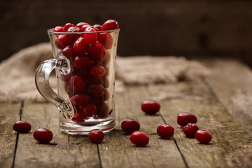 Dogwood in a glass on an old wooden table. Selective focus. Copy space.