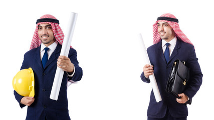 Arab engineer with drawings on white