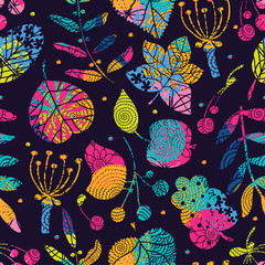 Vector floral pattern in doodle style with flowers and leaves. Autumn floral background.