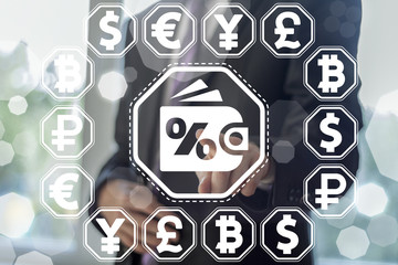 Savings Economy Money Online Shopping Financial concept. Businessman presses wallet percent button on a virtual screen.