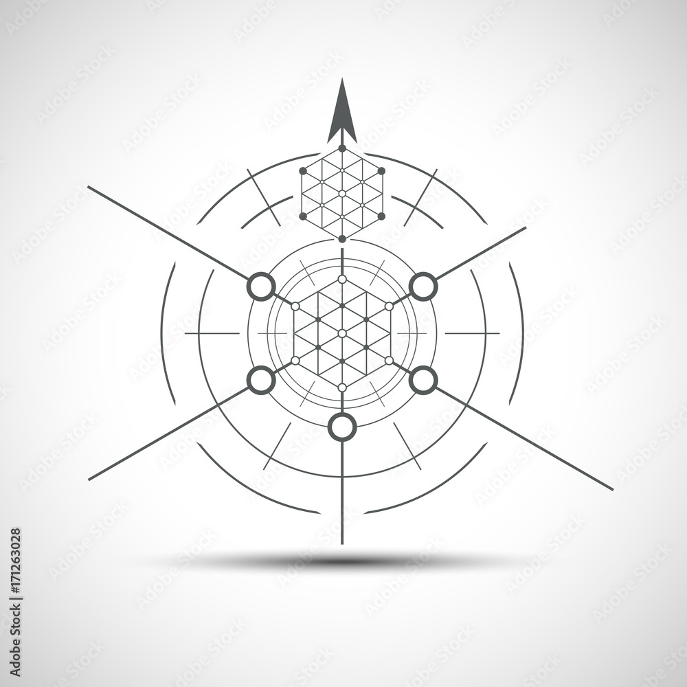 Poster sacred geometry element. hexagonal element. geometrical sign with shadow.
