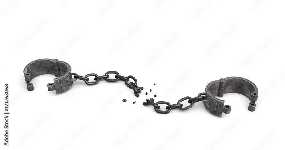 Poster 3d rendering of a pair of open metal shackles with a broken chain link on white background.