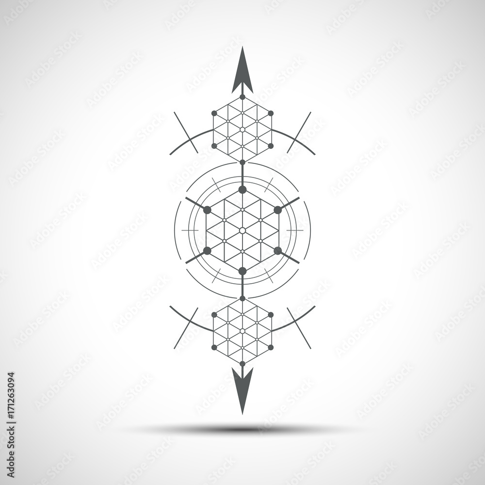 Poster sacred geometry element. hexagonal element. geometrical sign with shadow.