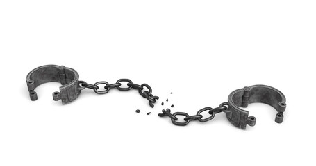 3d rendering of a pair of open metal shackles with a broken chain link on white background.