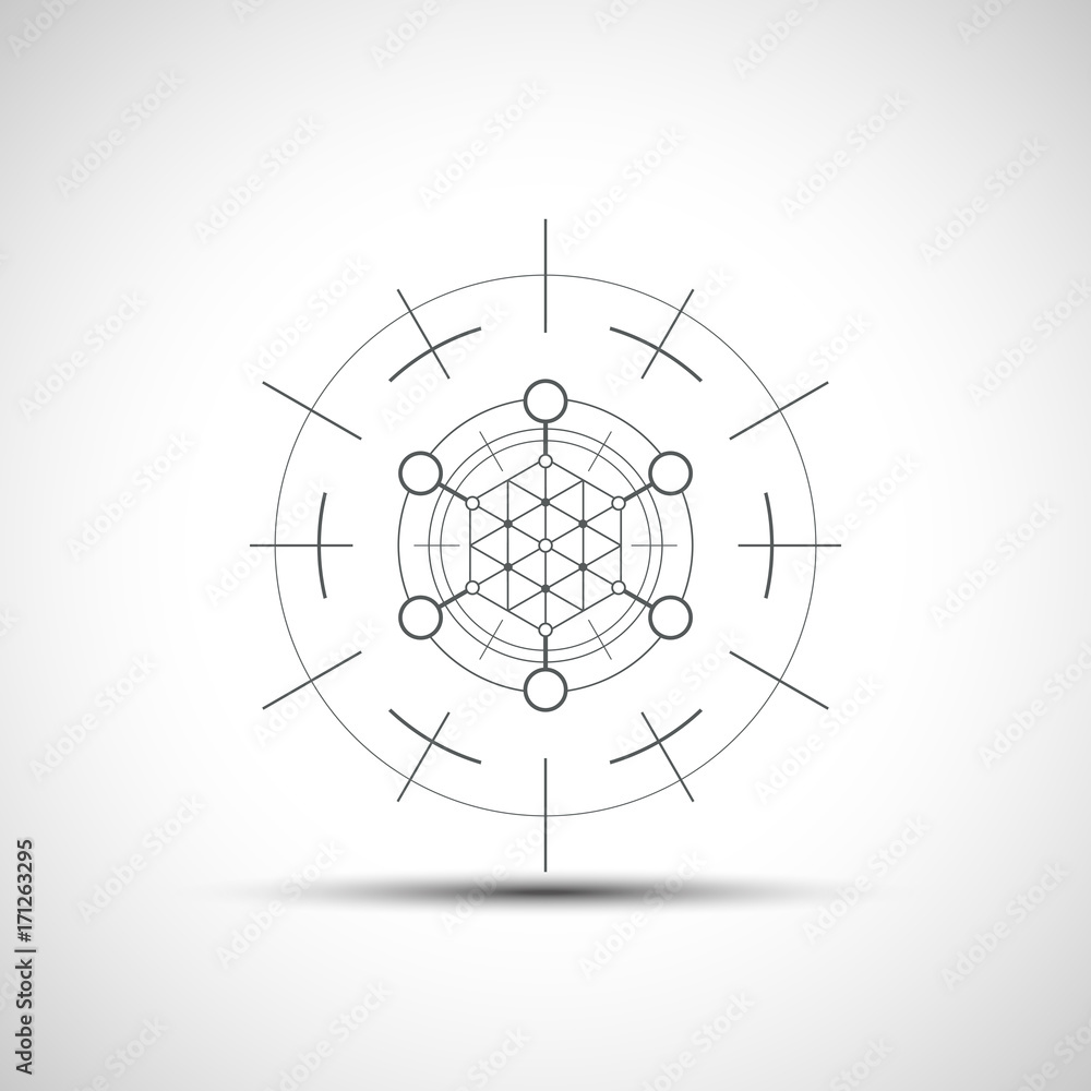 Poster sacred geometry element. hexagonal element. geometrical sign with shadow.