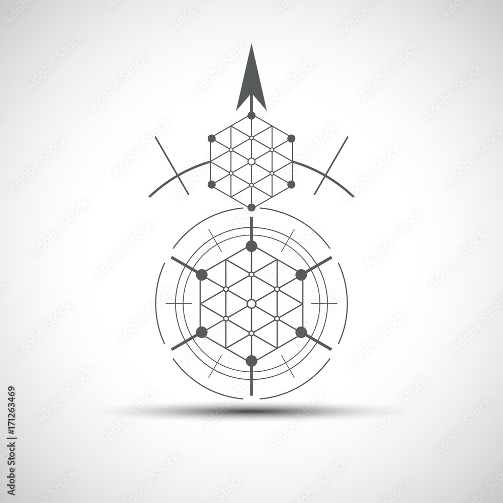 Poster sacred geometry element. hexagonal element. geometrical sign with shadow.