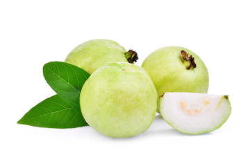 whole and half guava fruit with green leaf isolated on white background