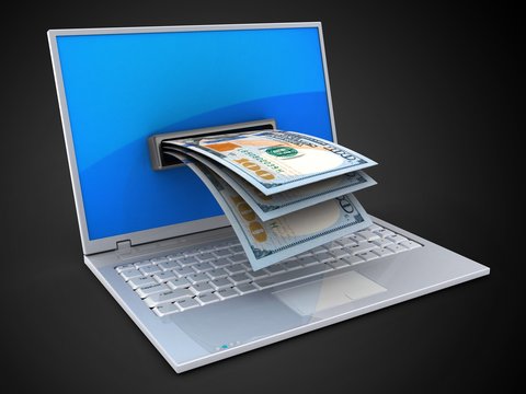 3d laptop and banknotes